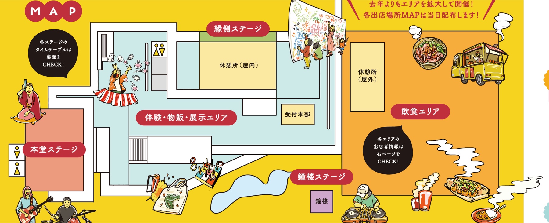 光蓮寺の境内マップ。本堂ステージ、縁側ステージ、鐘楼ステージ、体験・物販・展示エリア、飲食エリア、休憩所、受付本部の配置図